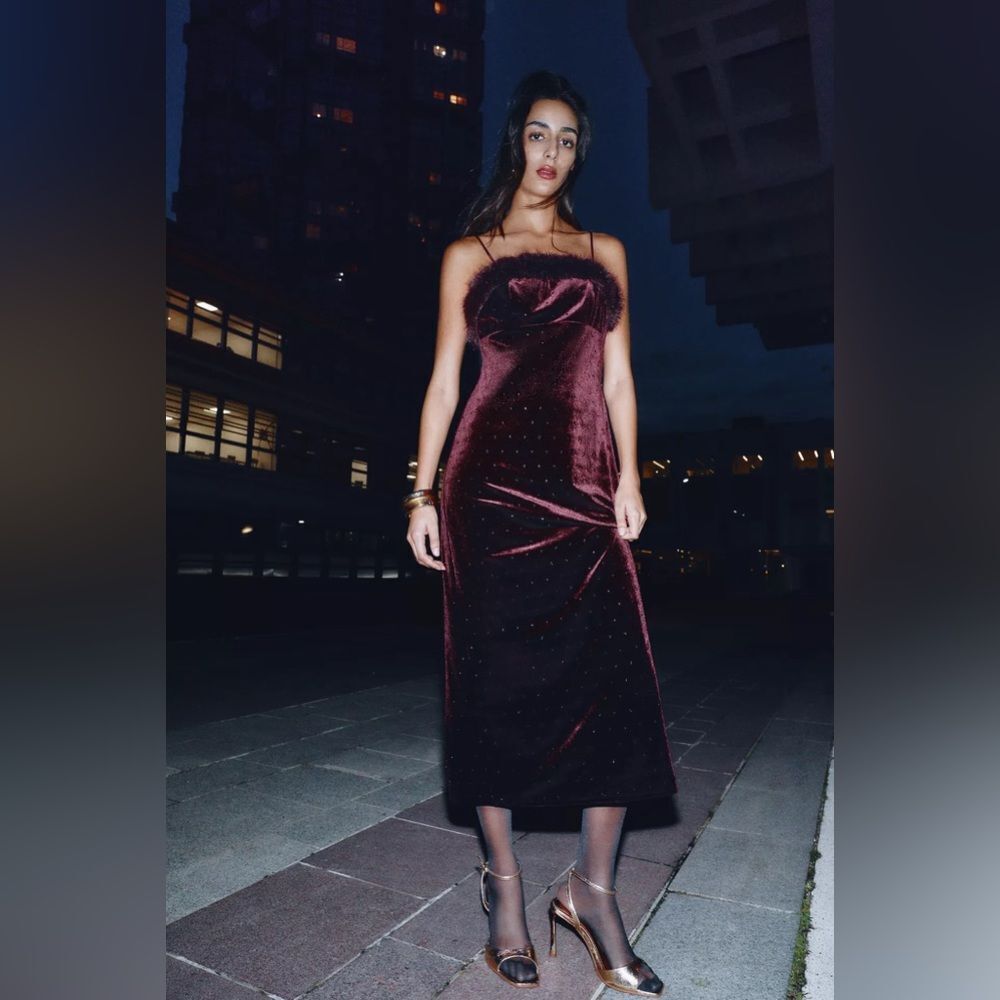 ZARA VELVET BEADED FAUX FUR MIDI DRESS - Picture 3 of 13